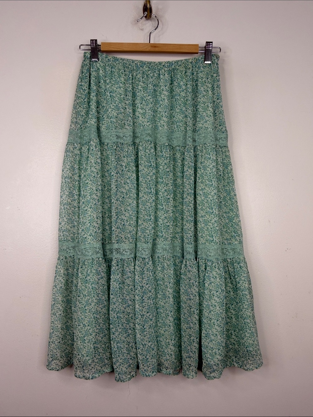 Vintage April Cornell Skirt Womens Small Green Floral Chiffon Sheer Lace Tiered